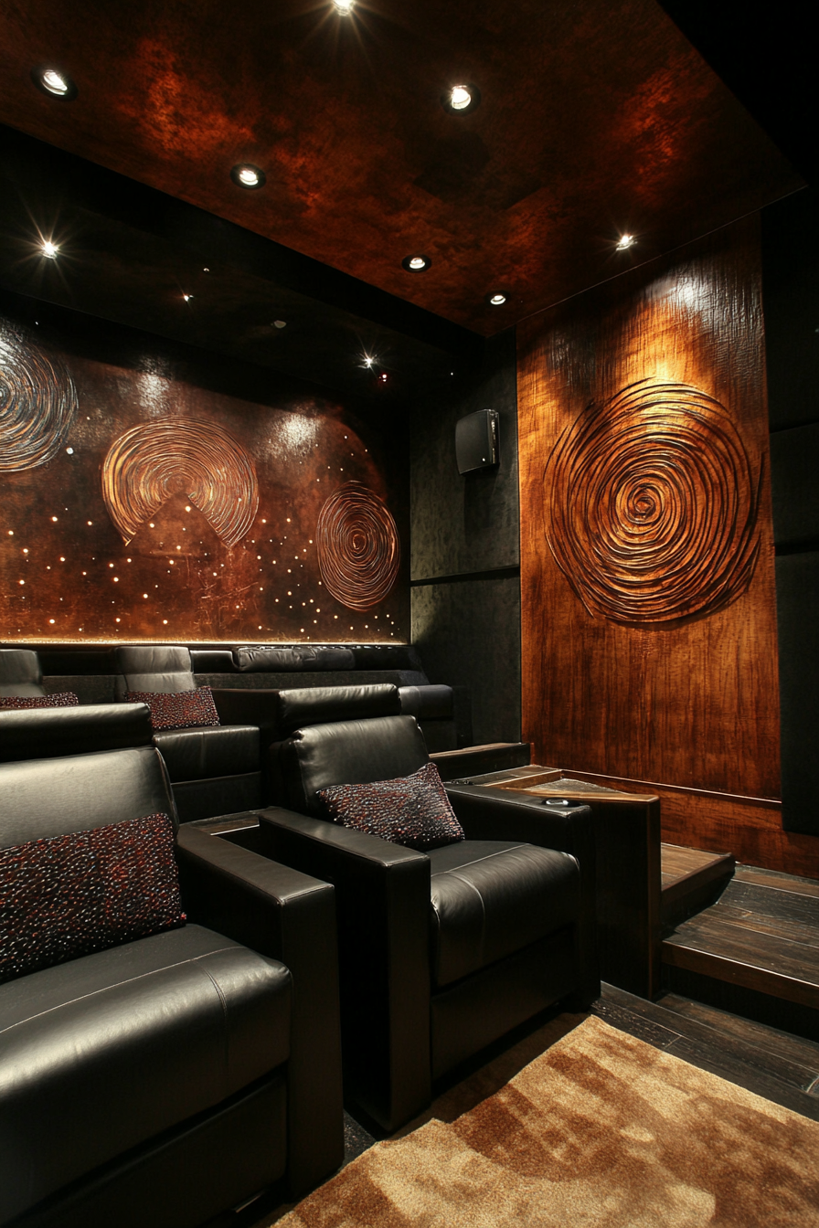 Contemporary Tiny Theater. Projector wall with cherry wood tiered seating and black surround sound system.