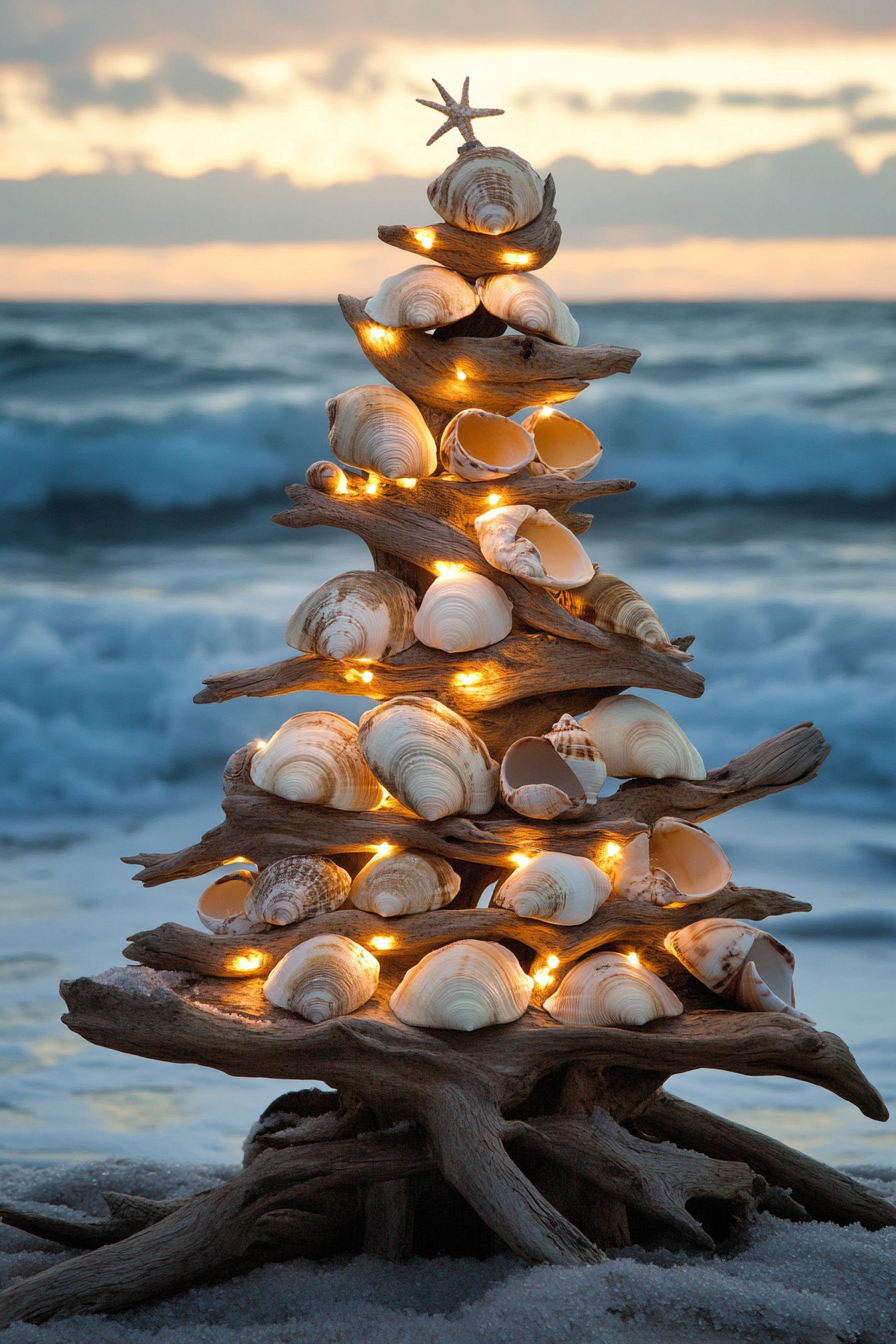 Holiday decor. Driftwood tree with shell ornaments, tropical lights against a backdrop of winter waves.