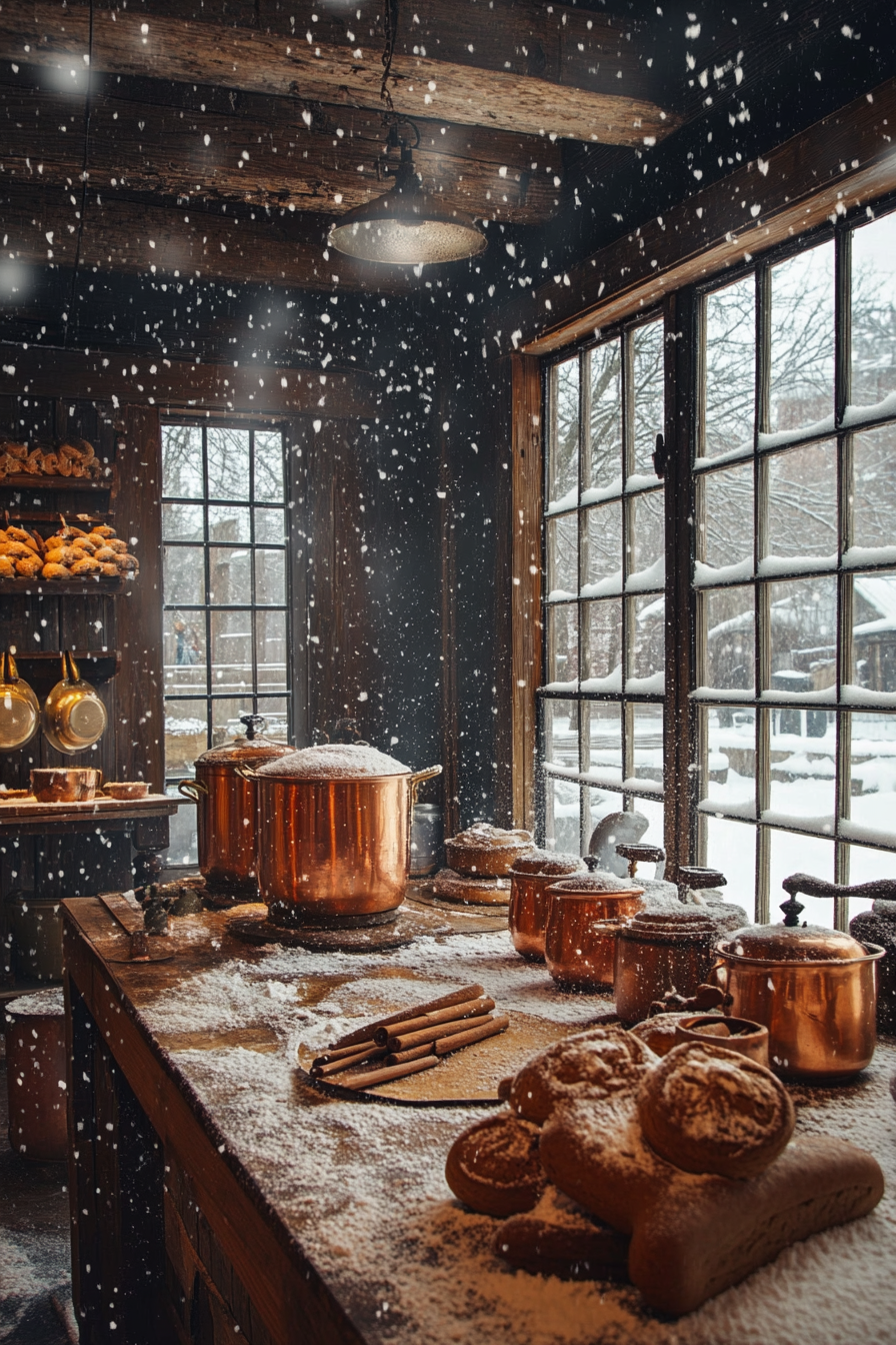 Wide angle view. Gingerbread-making space with copper pots, cinnamon bundles, snow falling beyond windows.