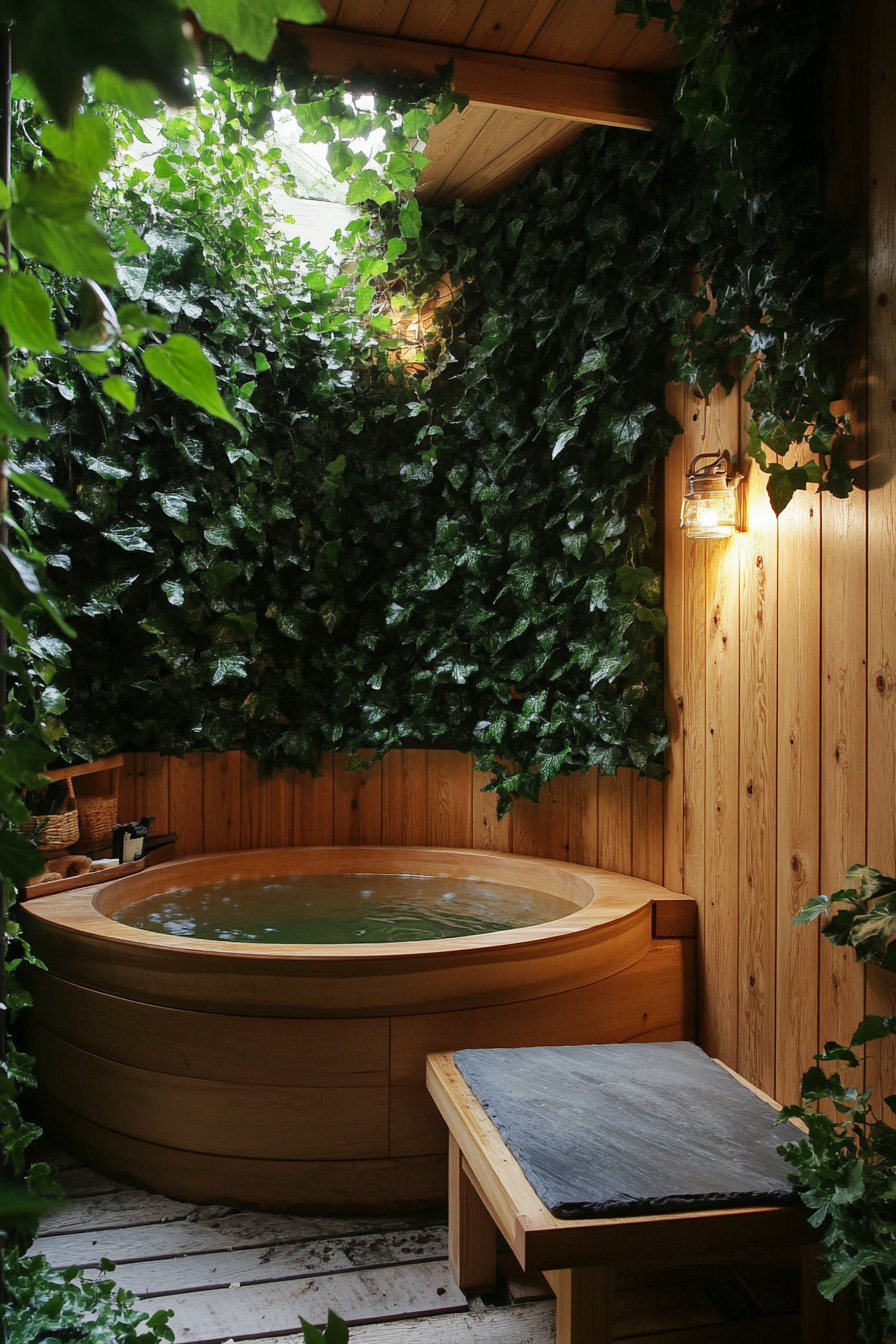 Tiny bathhouse. Maple wood soaking tub, ivy plant wall, slate meditation bench.