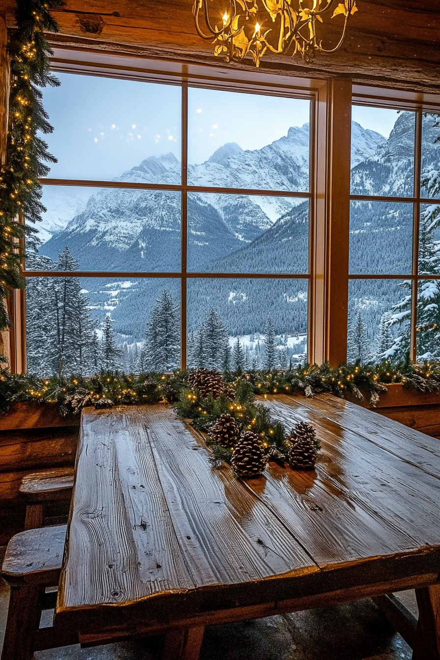 Farmhouse-style view. Rustic wooden table, pine garlands, window overlooking snow-capped mountains.