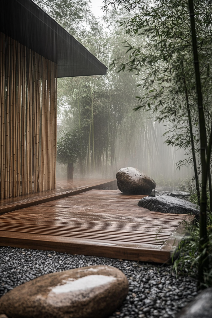 Wide angle view of minimalist tiny house deck. Bamboo screen, rock garden in misty bamboo forest.