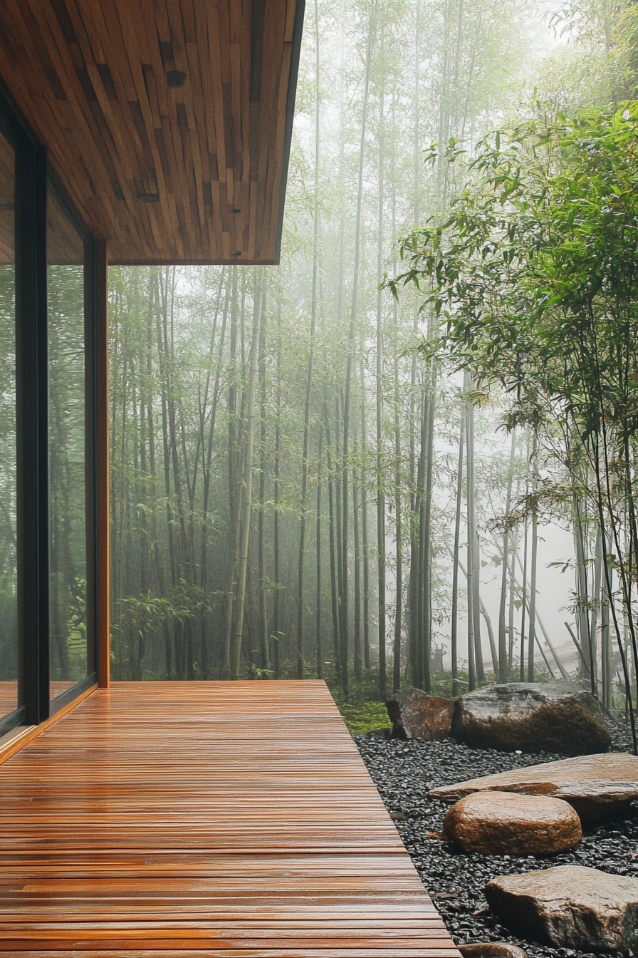 Wide angle view, minimalist tiny house deck, bamboo screens, rock garden elements, misty bamboo forest.