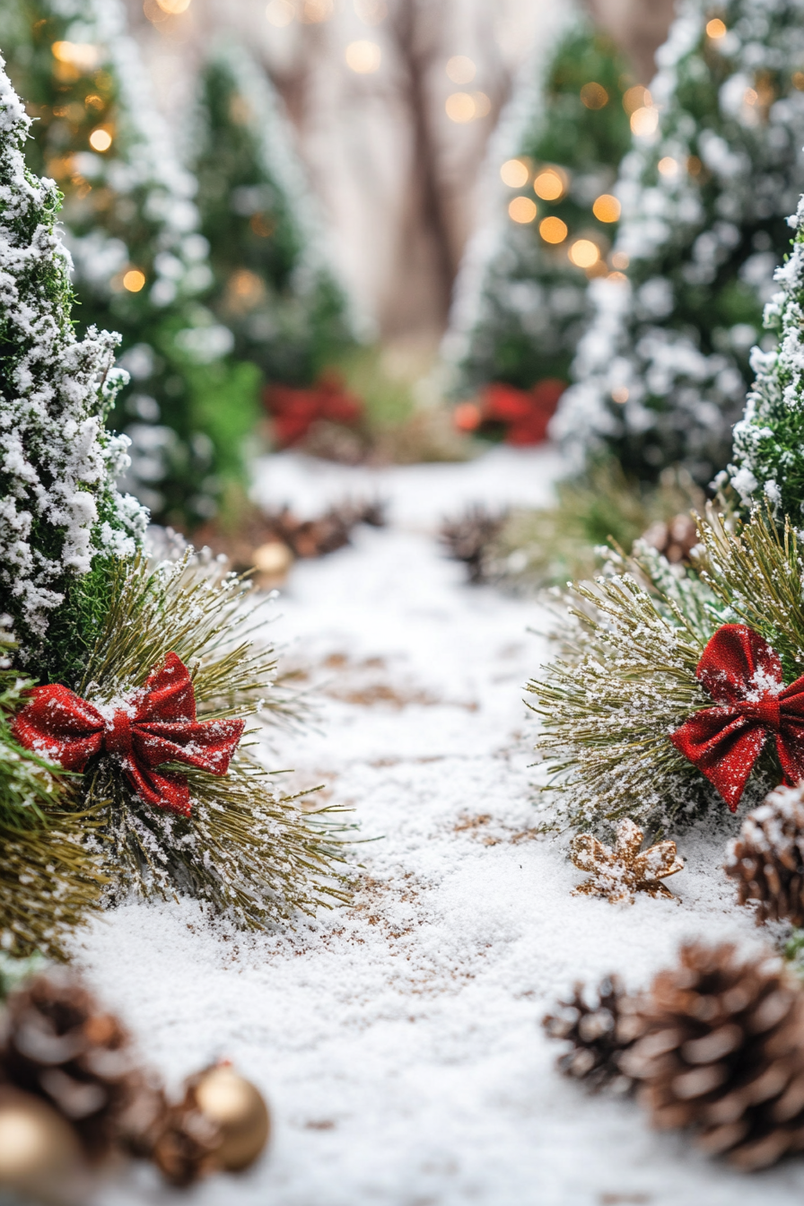 Holiday space. Wide-angle view of whimsically decorated with moss, bow-tied pines and snowdrift.