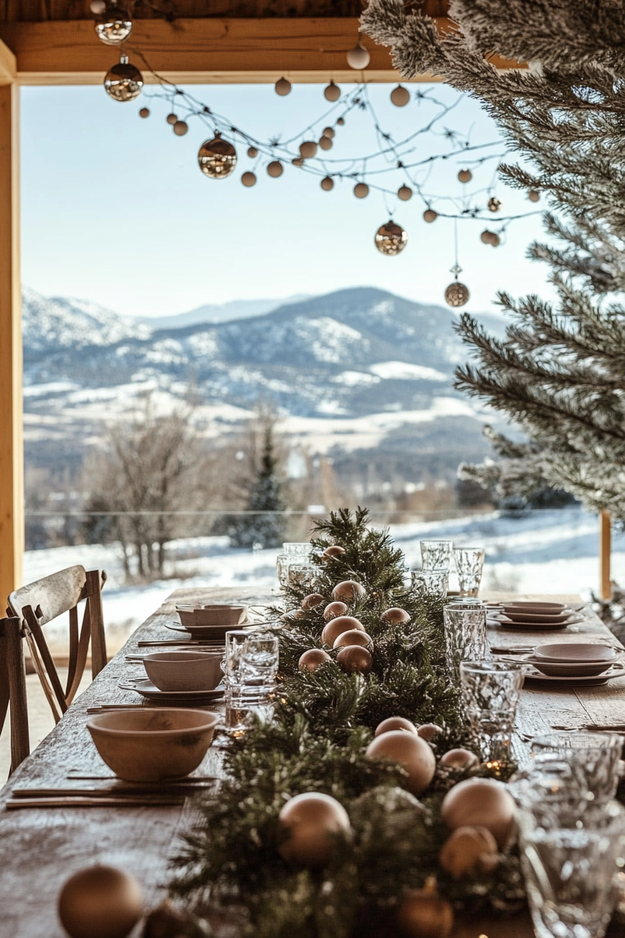 Farmhouse-style space. Pine garlands, wooden ornaments, snow-covered mountain view.