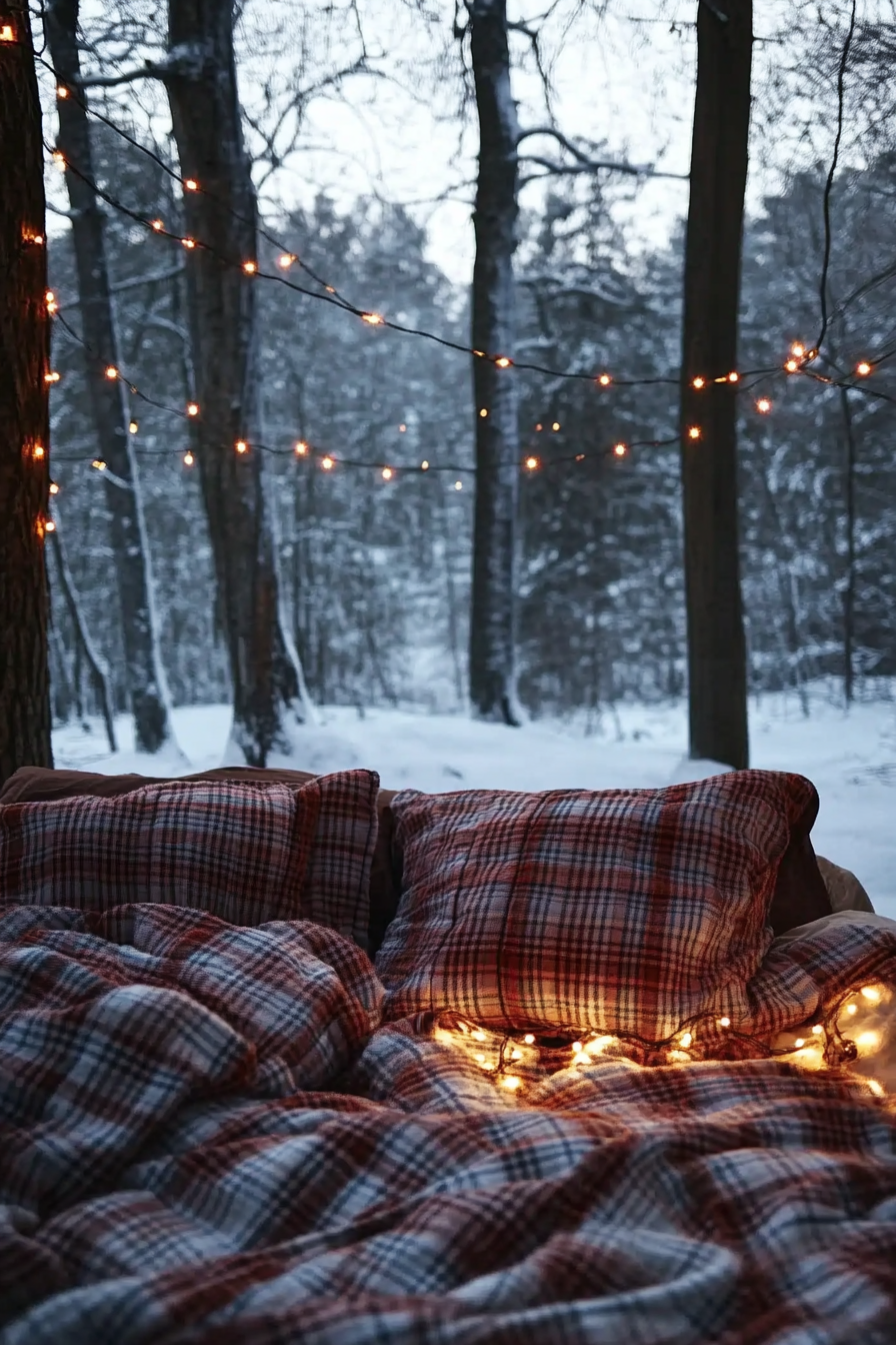 Wide angle view. Flannel bedding with string lights against snowy backdrop.