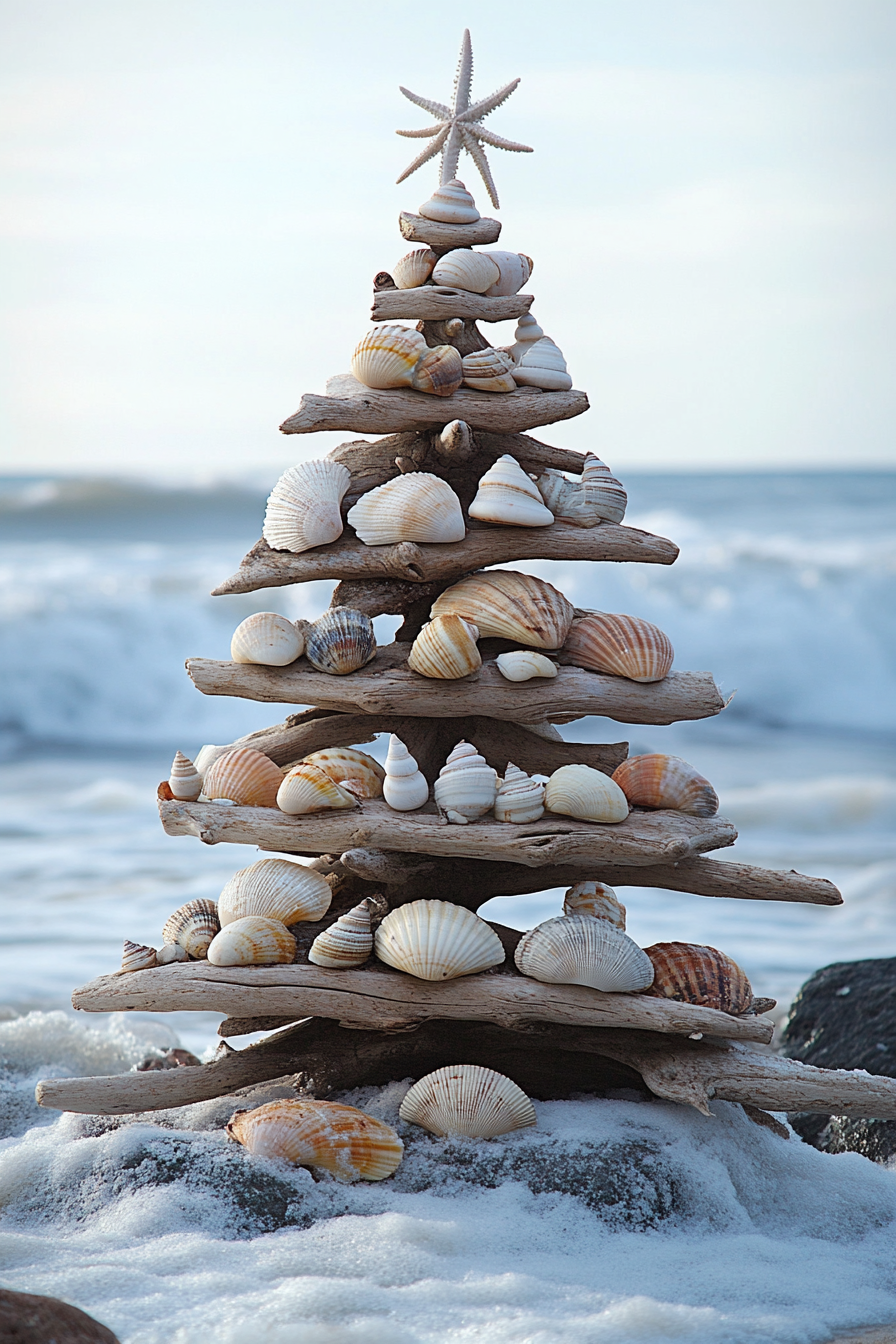 Holiday décor. Driftwood tree laden with shell ornaments against a backdrop of winter waves.