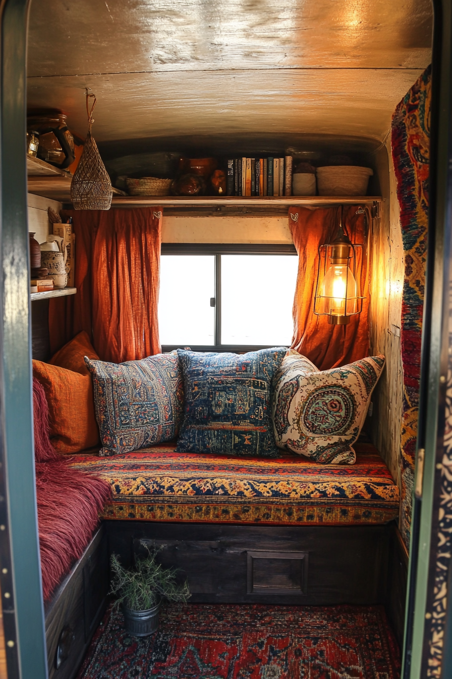 Desert-Boho Camper Reading Corner. Paisley-patterned southwest textiles, brass book light, terracotta cushions.