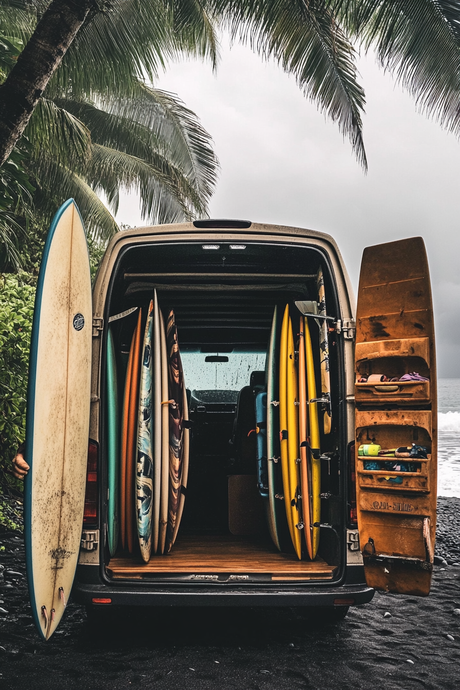 Van setup. Surfboard racks on black sand beach backdrop.