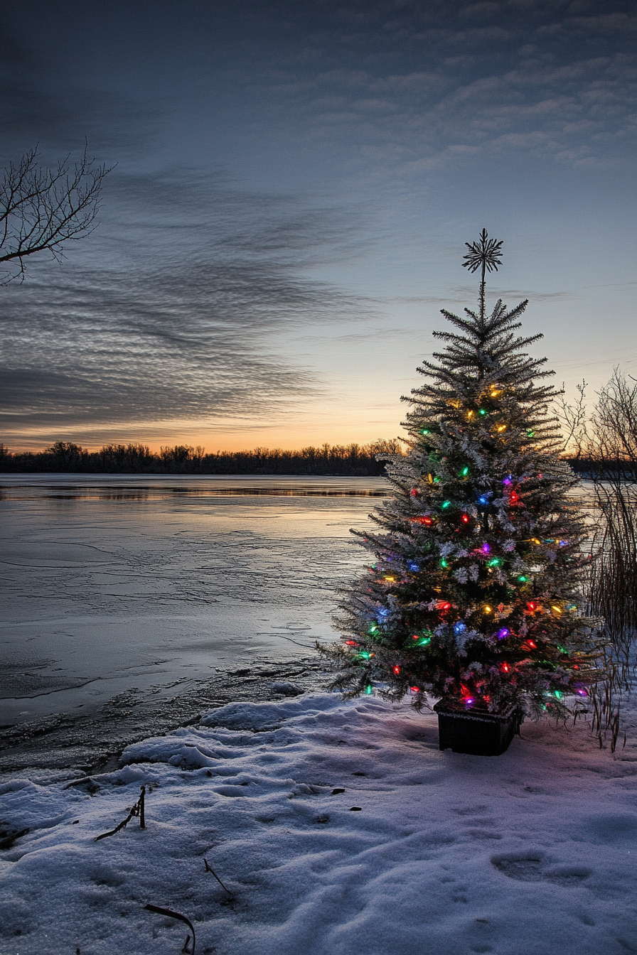 Wide angle holiday setting. Retro aluminum tree beside frozen lake.