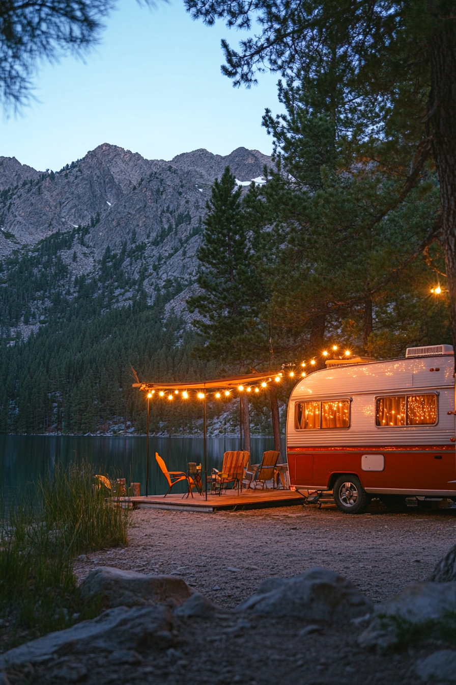 Wide angle view. Retro RV with metal gliders and string lights by mountain lake.