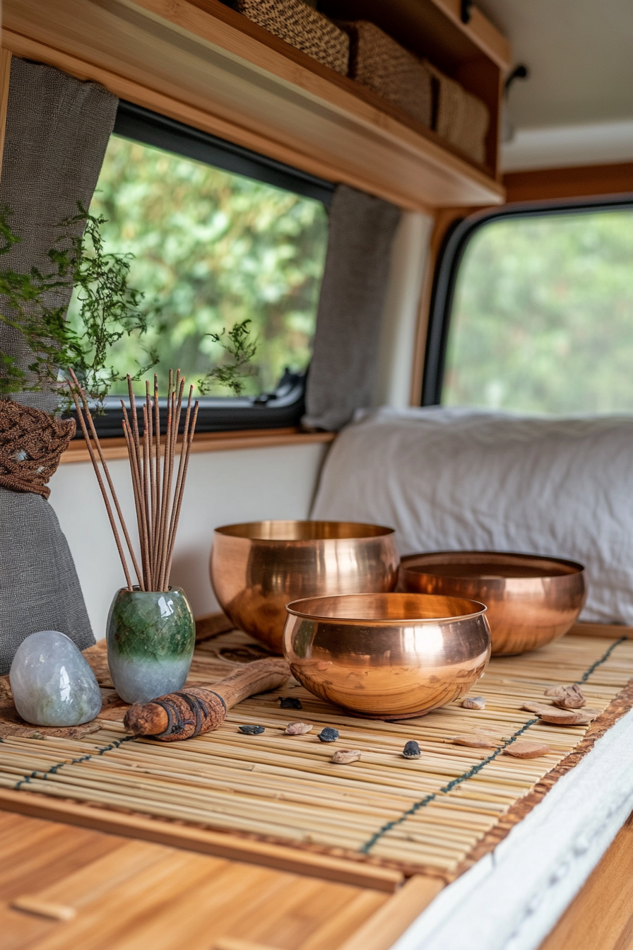 Zen-style van meditation room. Copper singing bowls on bamboo mat beside moonstone incense holder.