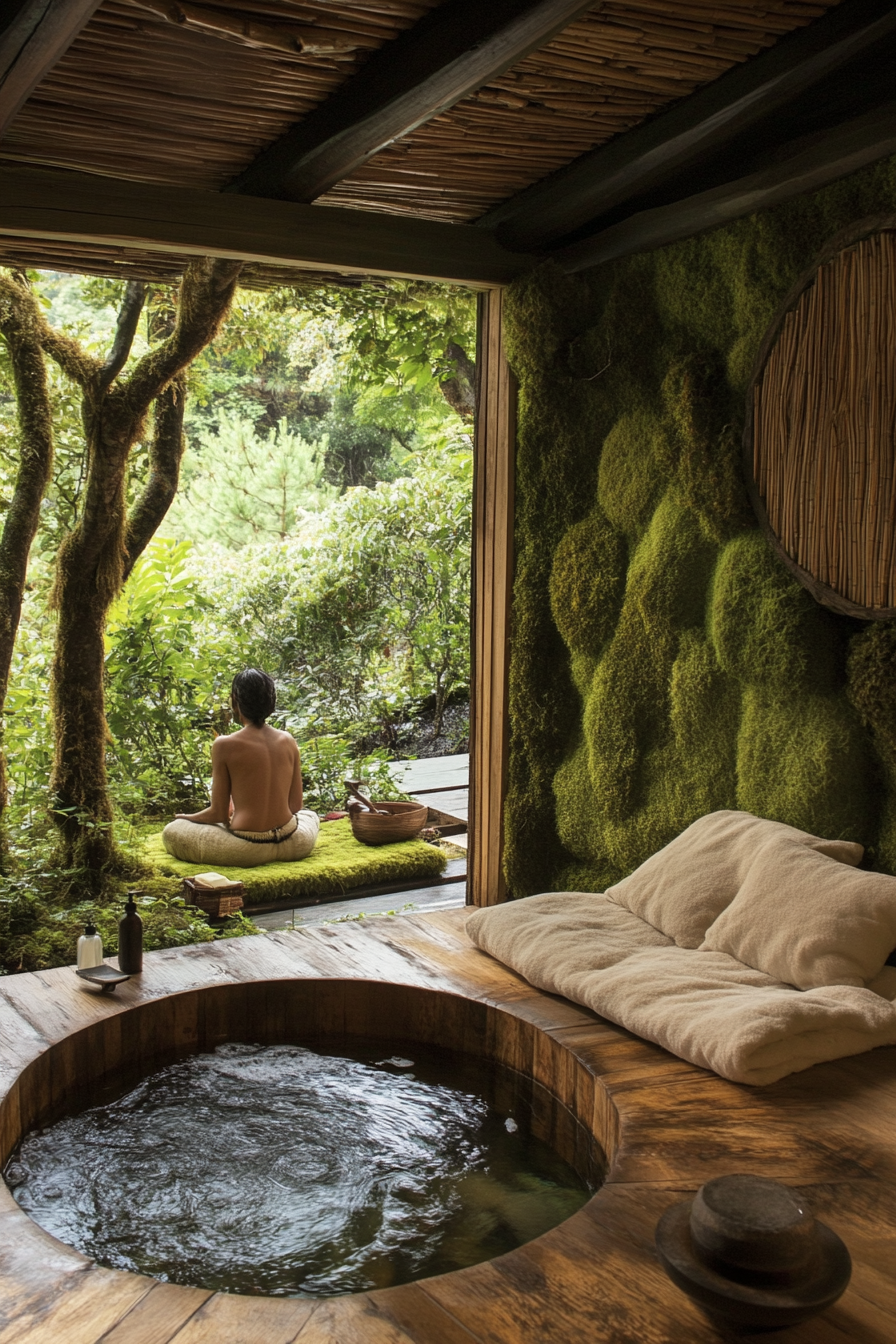 Tiny bathhouse. Moss-covered walls, bamboo soaking tub, cushioned meditation bench.