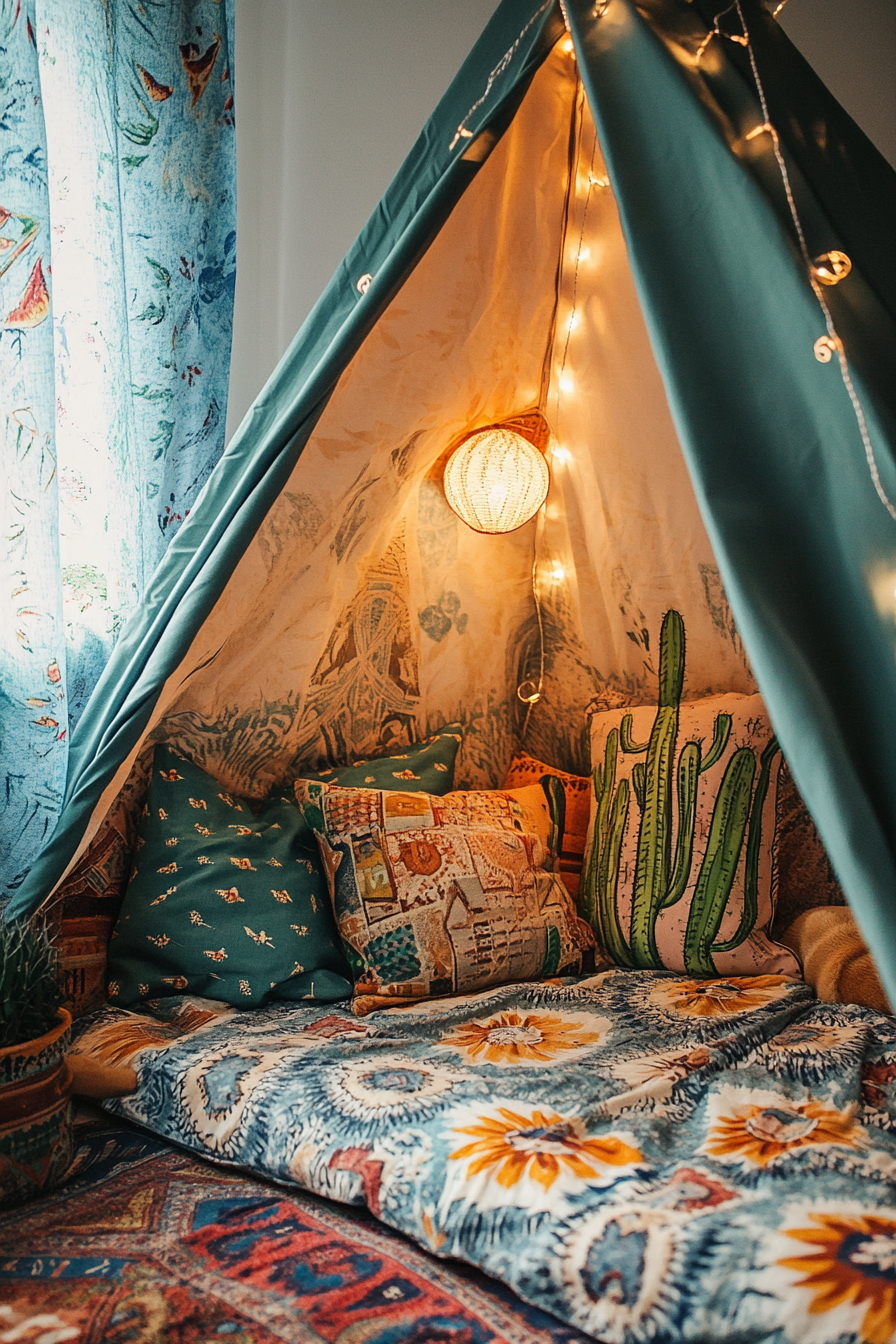 Reading corner. Saguaro cactus print cushion, book light, boho tent.