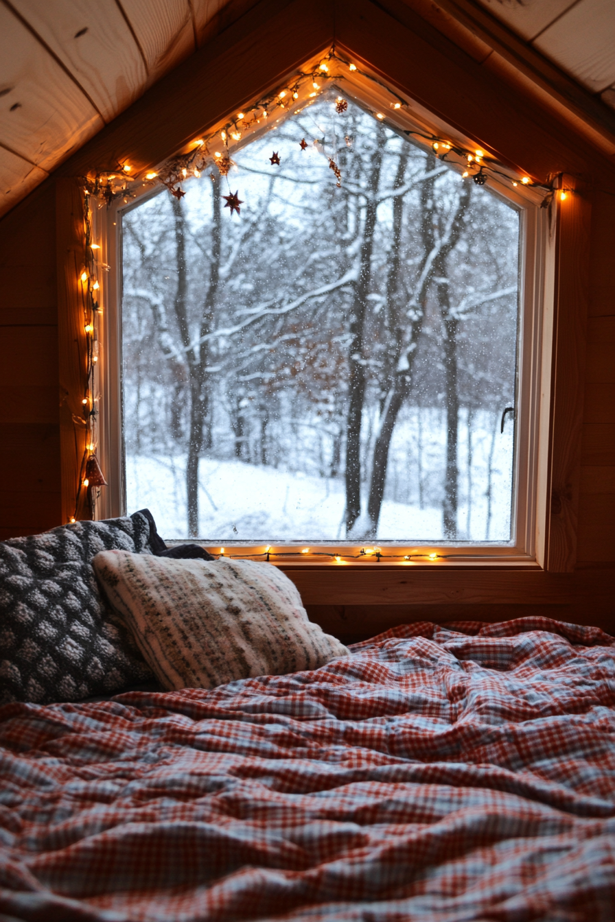 Festive sleeping nook. Wide angle view, flannel bedding, string lights, window with snowy landscape.