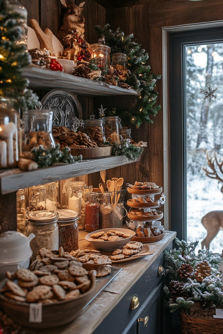 Wide angle view. Holiday baking haven, cookie station, spice storage and deer in snowy meadow.