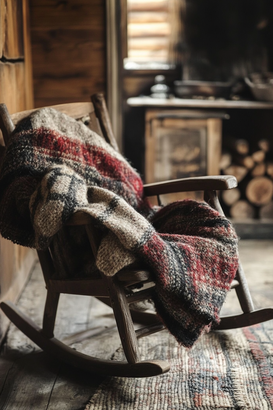 Ski lodge inspired interior. An antique wooden rocking chair wrapped in chunky wool blanket.