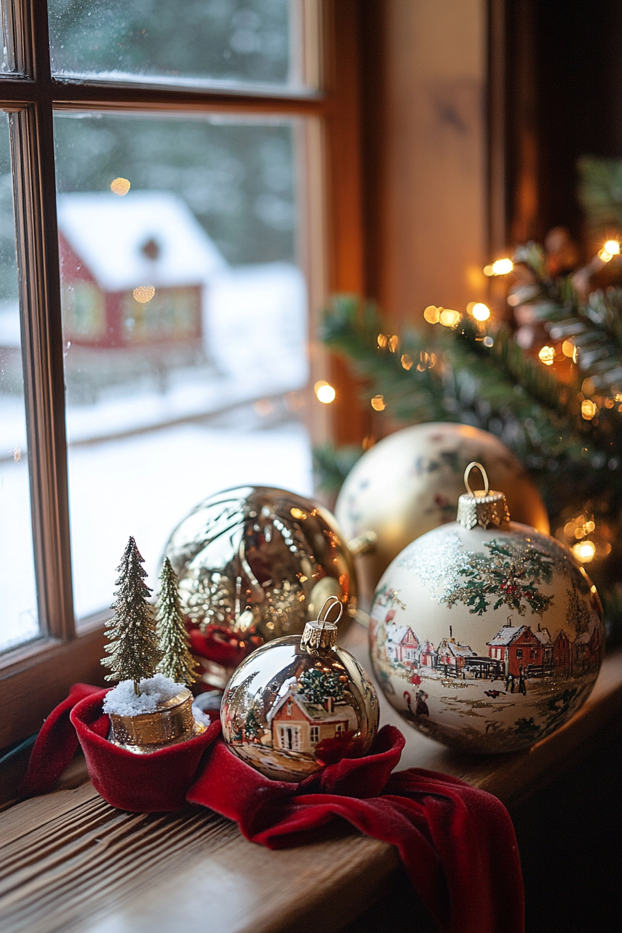 Wide-angle Christmas interior. Vintage ornaments, velvet ribbons, snow-covered village view.