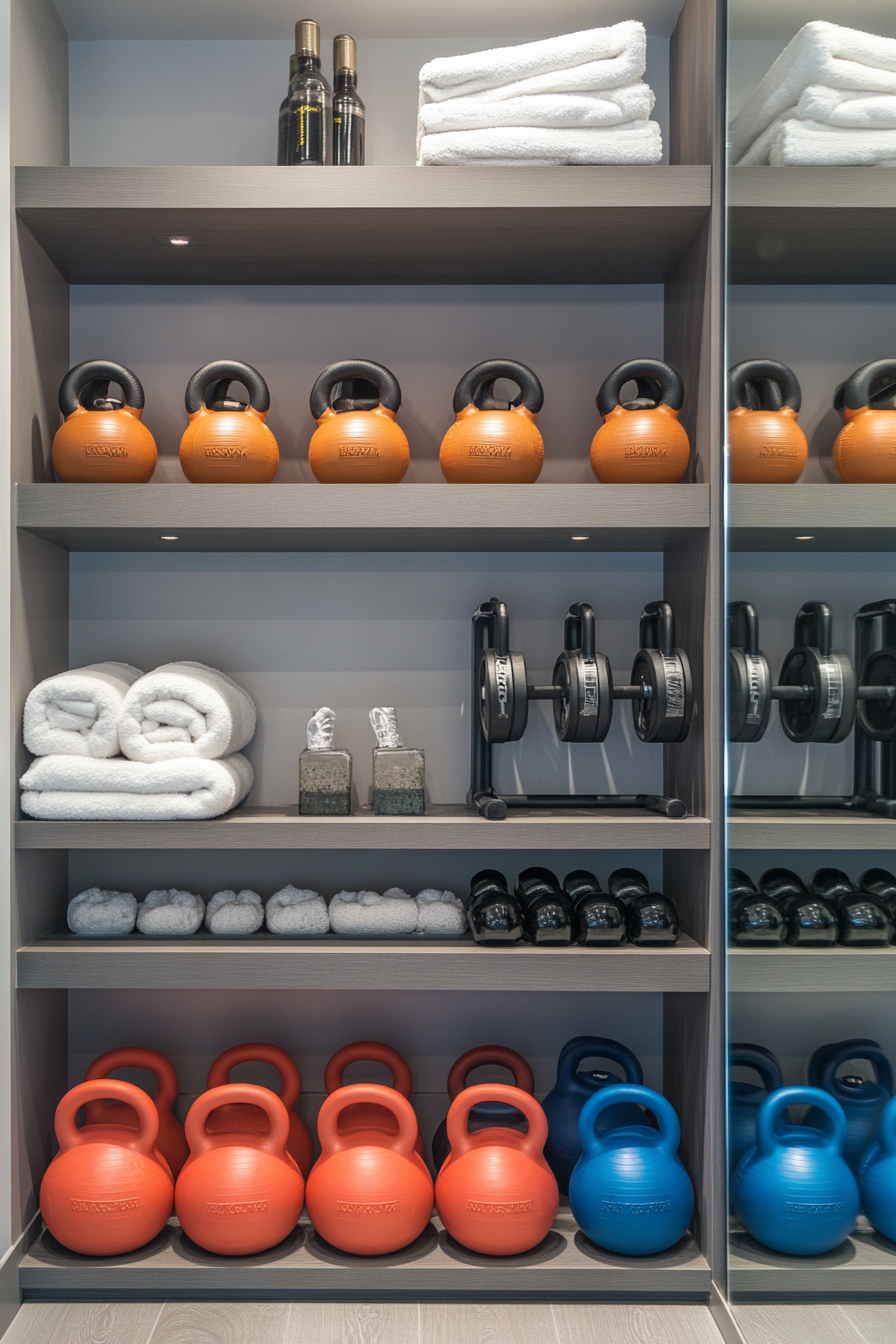 Contemporary tiny gym. Mirror wall, vertical storage system, multicolored kettlebells, grey vinyl flooring.