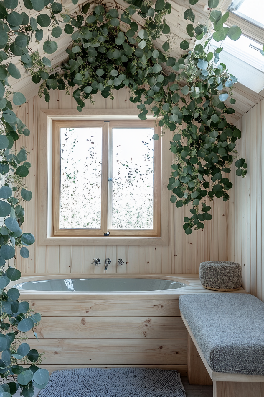 Tiny bathhouse. Wooden soaking tub surrounded by eucalyptus plant wall, with pearl-gray meditation bench.