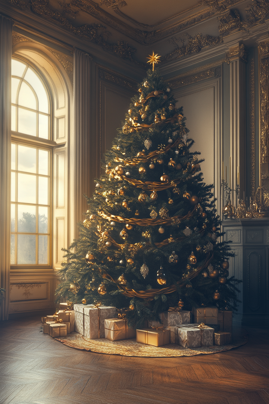 Christmas interior. Vintage baubles, gold velvet ribbons on lush fir tree, frontal wide-angle dusk view.