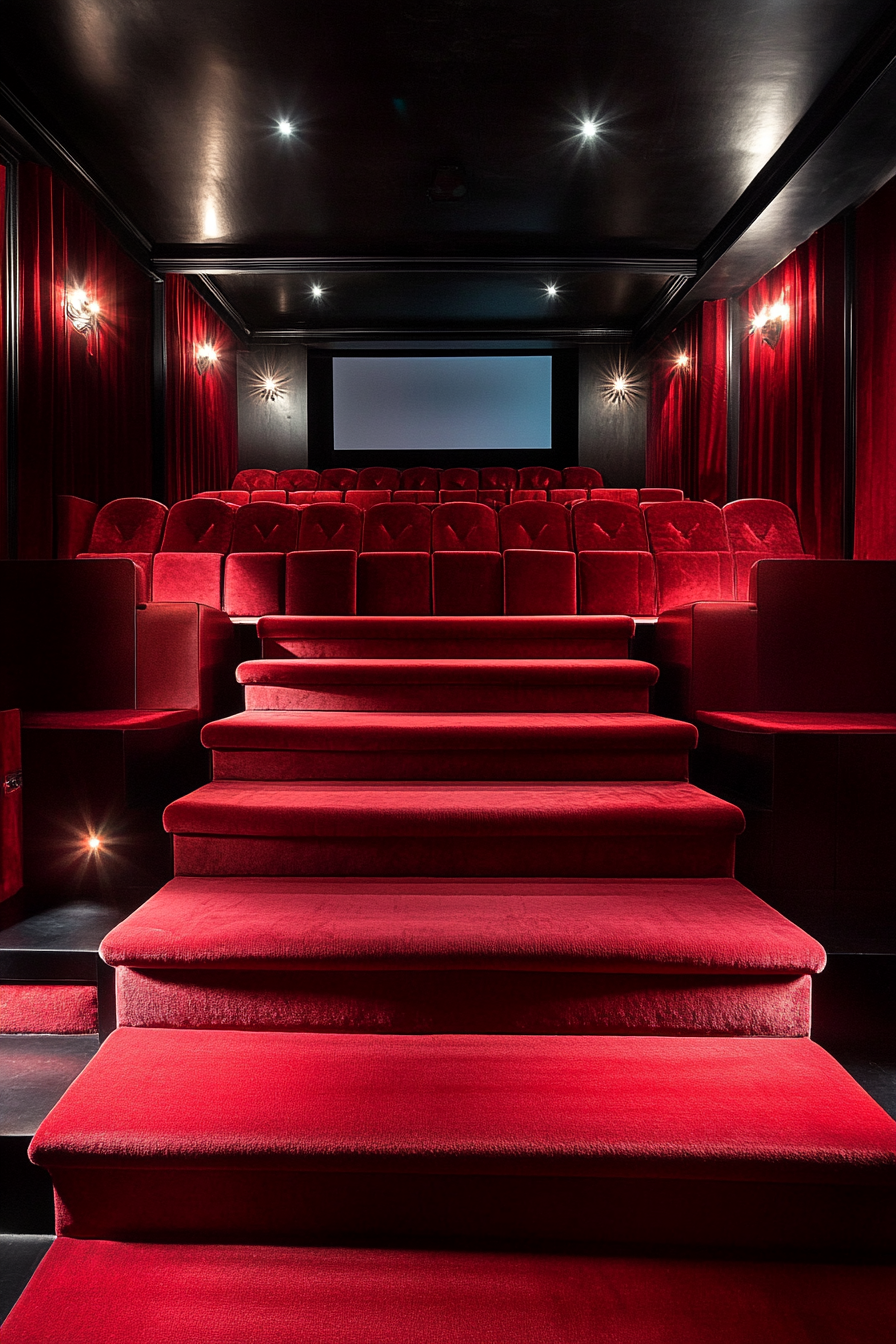 Contemporary tiny theater. Red velvet tiered seating, with a crisp projector wall.