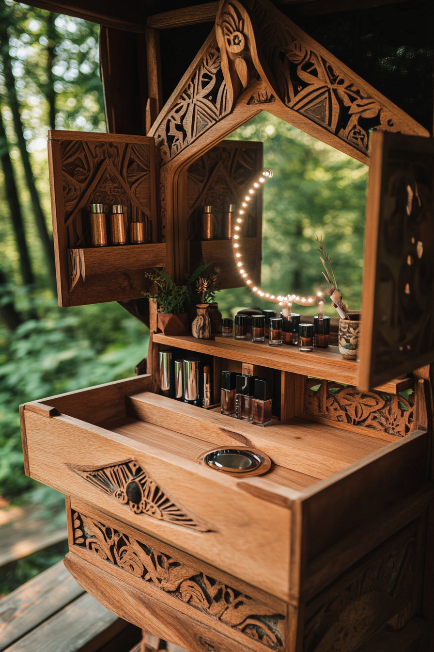 Bohemian van vanity. Rustic wood makeup storage, LED ring light, intricately-angular folding mirror.