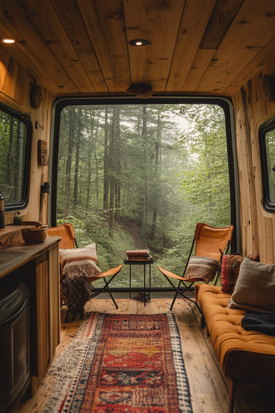 Van lounge. Pine panels, camp chairs, floor-to-ceiling glass window facing dense wood.