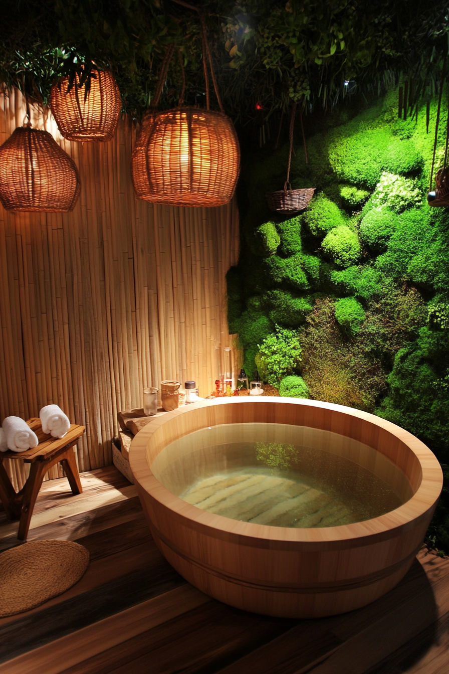 Tiny bathhouse. Teak soaking tub, moss wall, bamboo meditation bench.