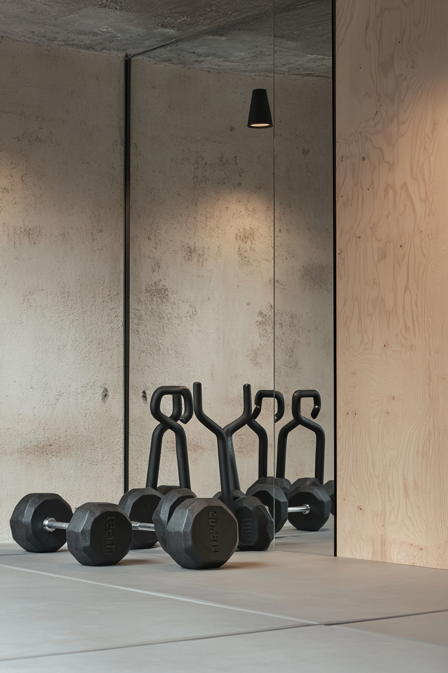 Contemporary tiny gym. Kettlebells next to a tall, mirrored wall.