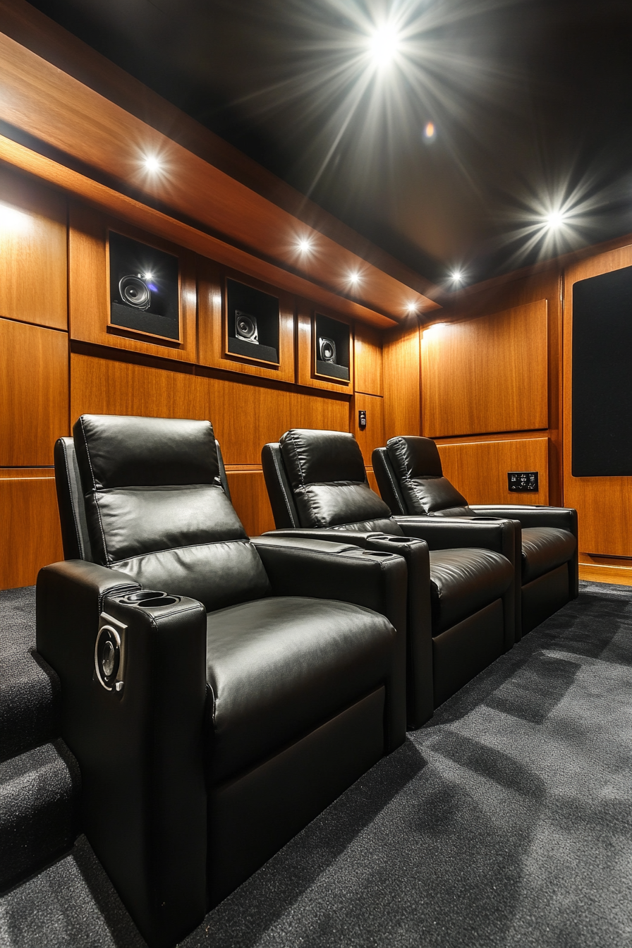 Contemporary tiny theater. Black leather tiered seats, wall-to-wall projector, surround speakers system.