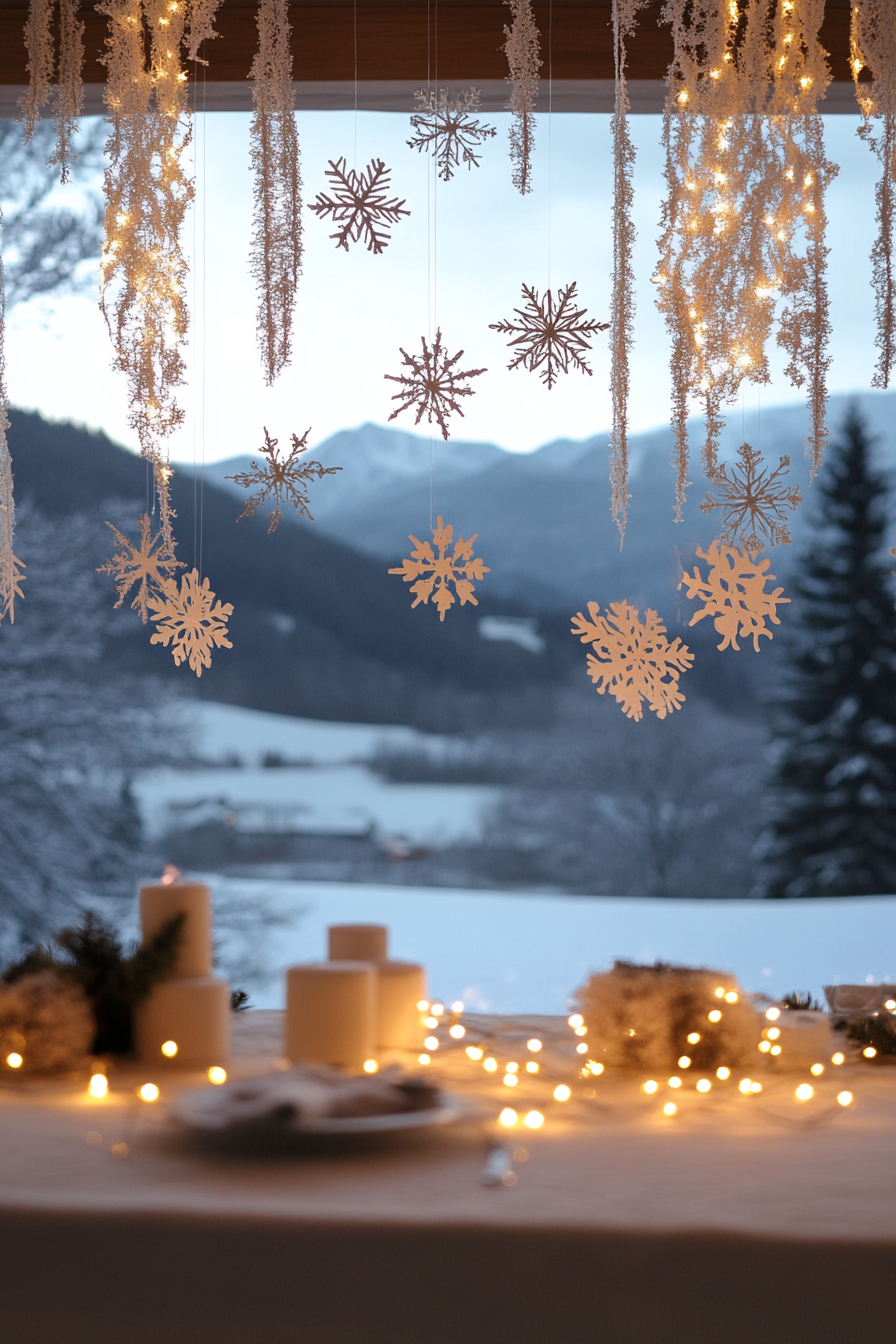 Modern Christmas décor. Wide angle, white lights and paper snowflakes, frost-covered valley view.