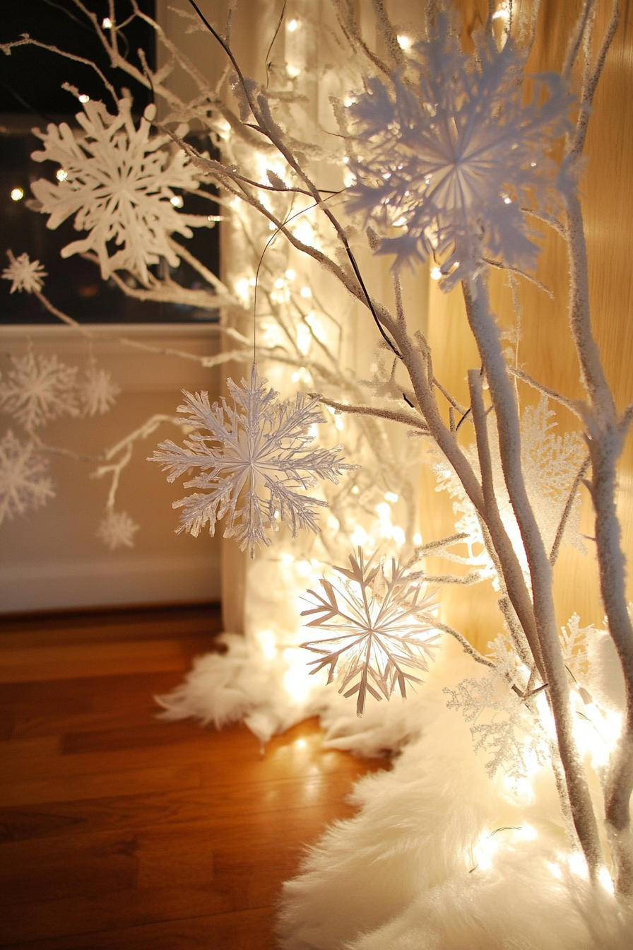 Modern Christmas decor. Frosty valley introduced by wide-angle vision, glowing white lights bedecking homemade paper snowflakes.