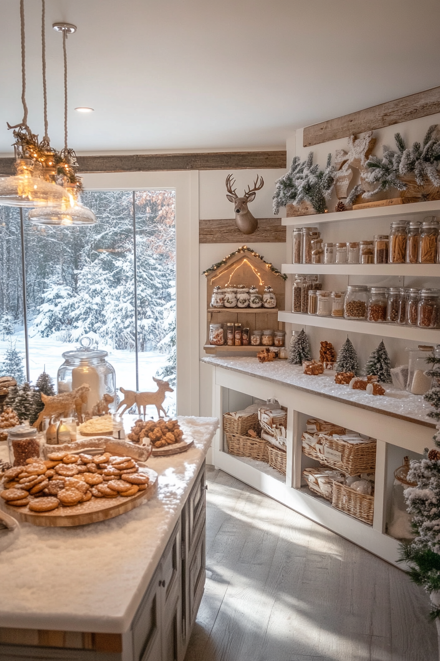 Wide angle view. Holiday baking haven with cookie station, spice storage, snowy meadow, and deer.