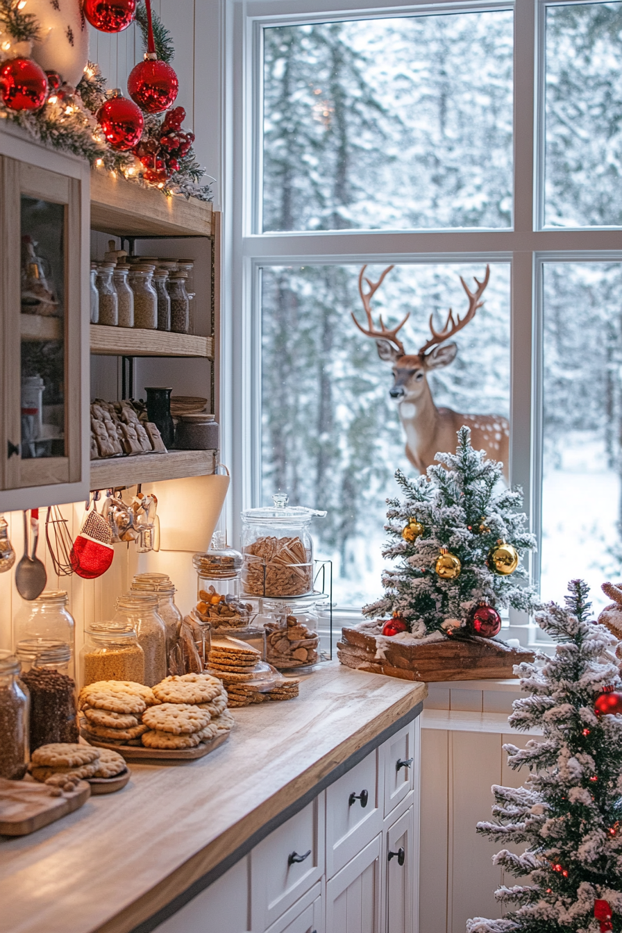 Wide angle holiday baking view. Cookie station and spice storage with deer in snowy background.