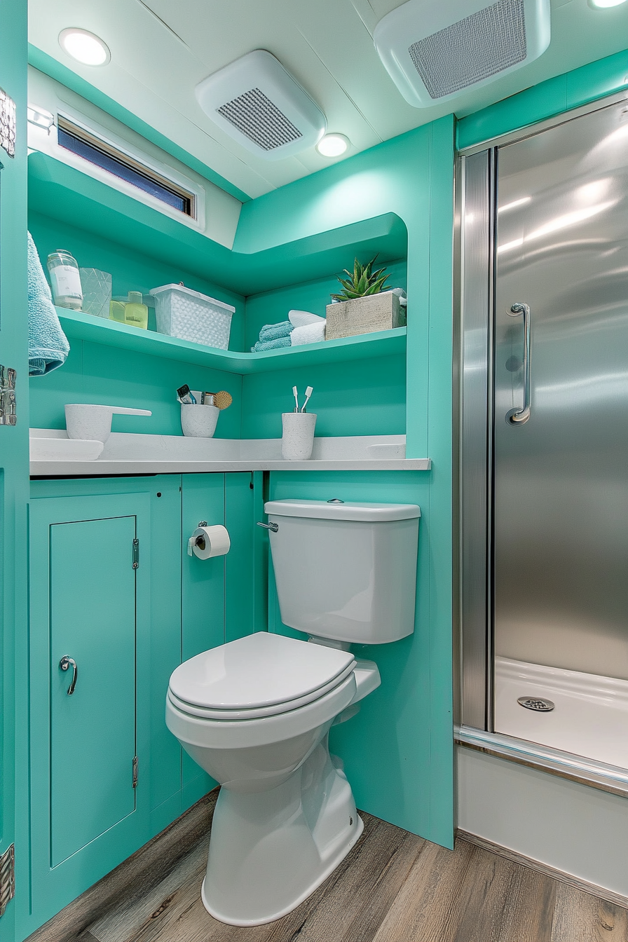 Contemporary camper bathroom. Aqua-colored theme, smart toilet, stainless steel rainfall shower, oakwood hidden storage.