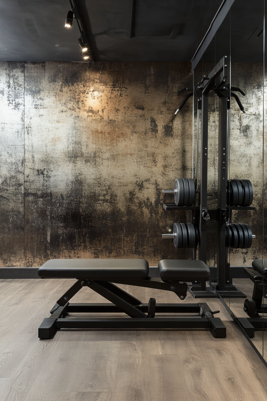 Contemporary tiny gym. Mirrored wall, sleek black workout bench, compact weight rack.