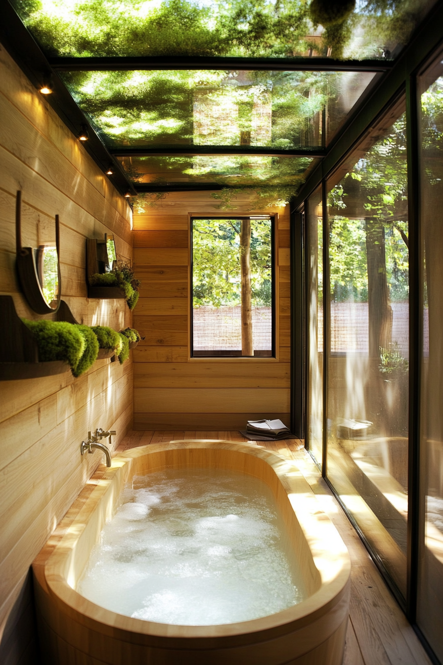 Tiny bathhouse. Glass ceiling, moss display, wooden soaking tub.