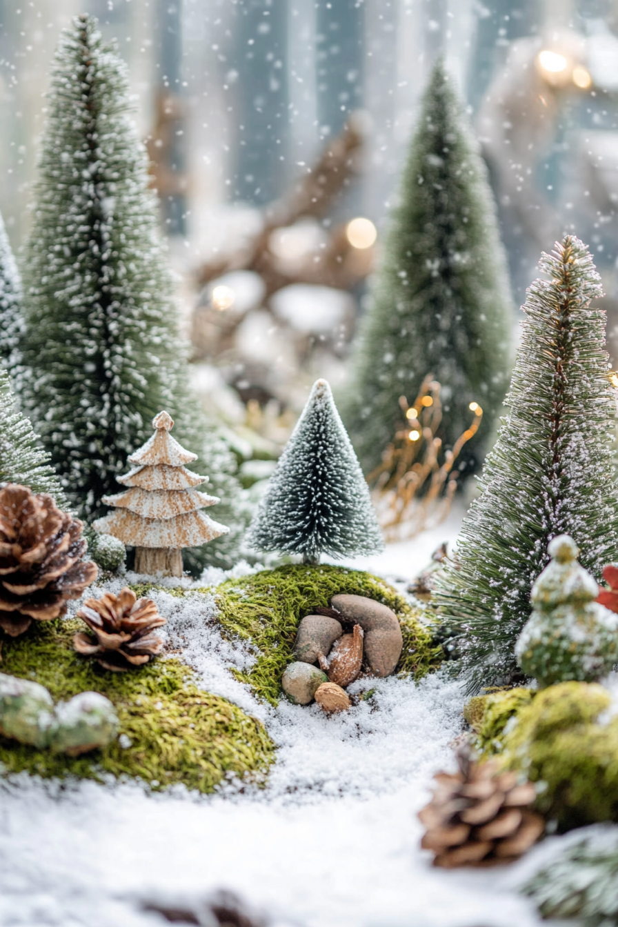 Wide angle holiday scene. Woodland decorations, moss details, snowy pines.