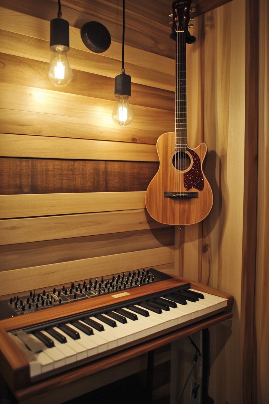 Tiny music room. Cedar wall soundproofing, wall-mounted maple keyboard, walnut guitar bracket.