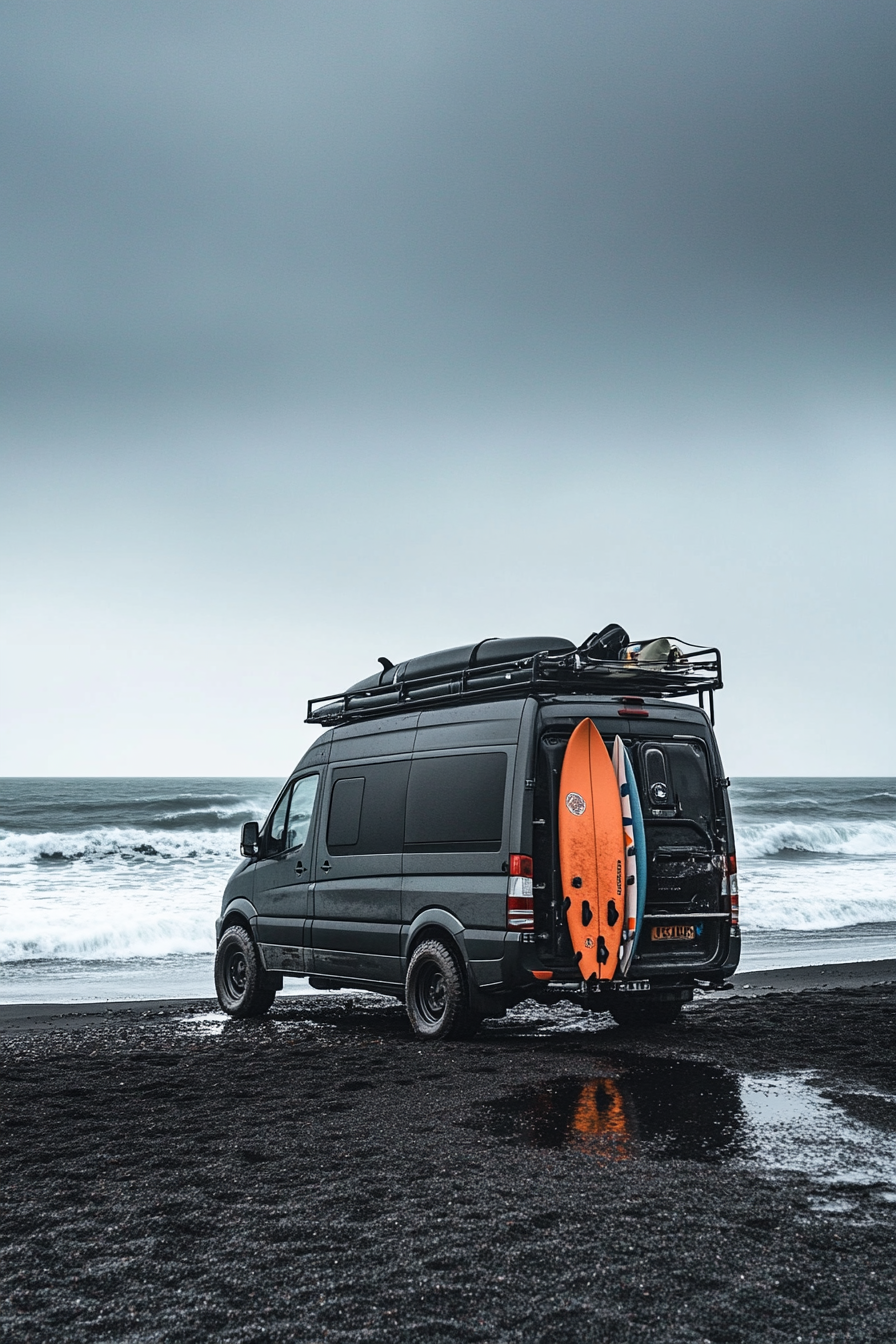 Wide angle view. Van with surfboard racks, outdoor shower on black sand beach with waves.