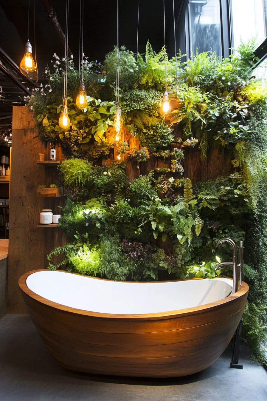 Tiny bathhouse design. Oakwood soaking tub surrounded by a lush vertical garden wall.