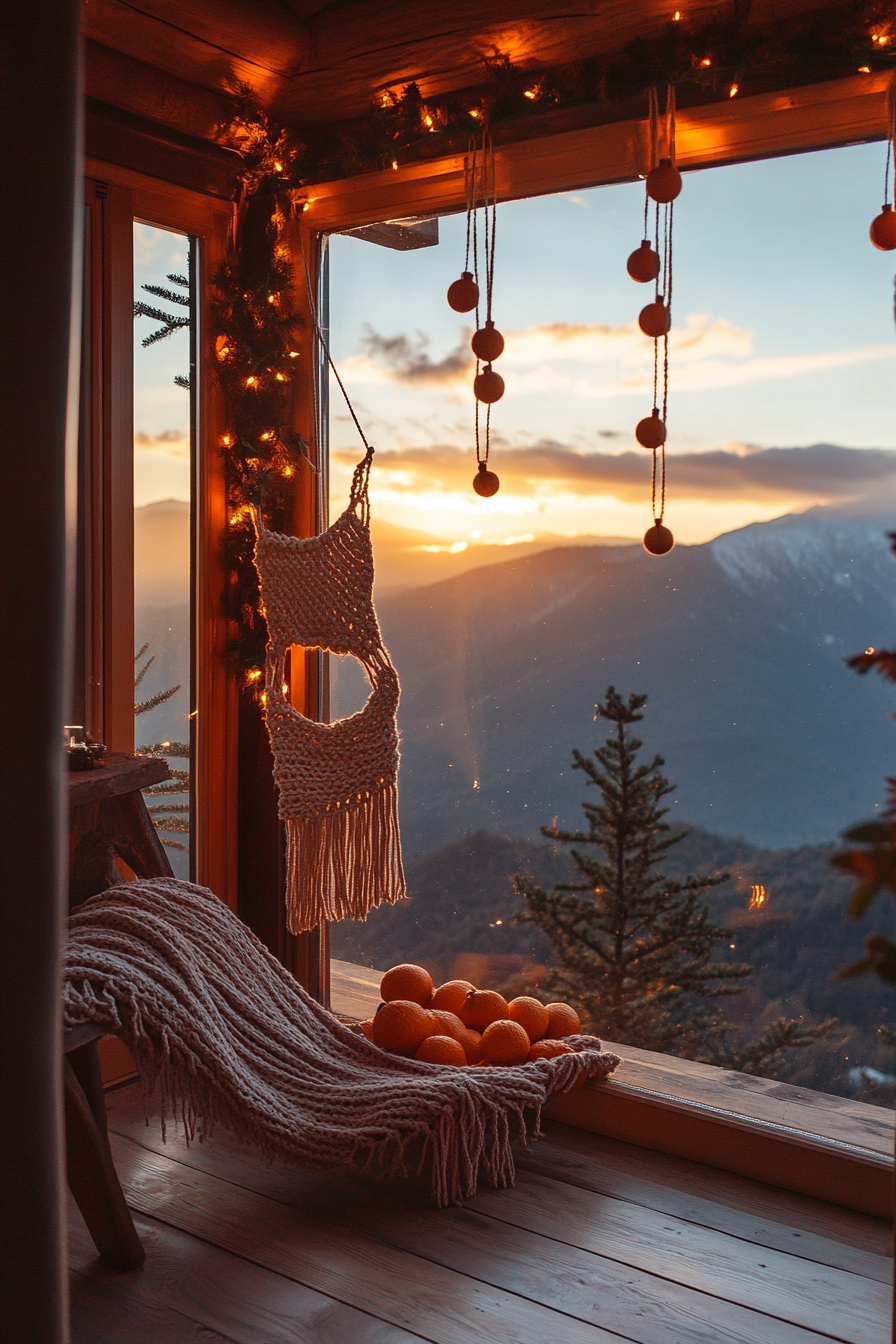 Eclectic holiday interior. Macramé stockings, dried orange garlands, mountain sunset through wide-angle window.