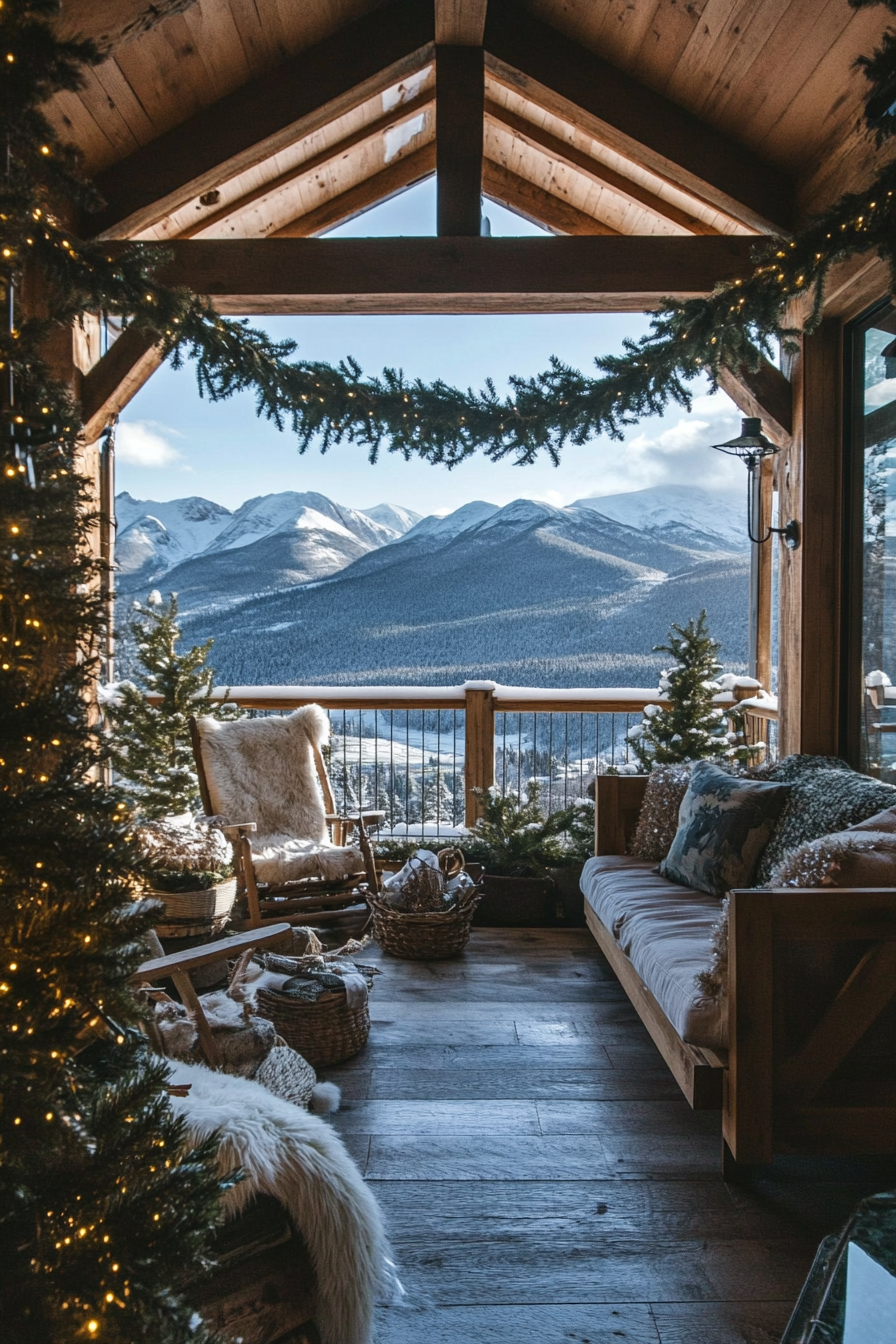 Farmhouse-style space. Wooden ornaments, pine garlands, overlook of snow-covered mountains.