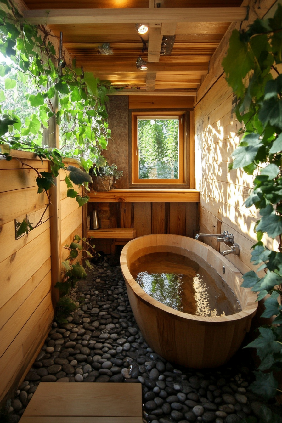 Natural tiny house bathroom. Wooden soaking tub, pebble-lined floor, cascading green vines.