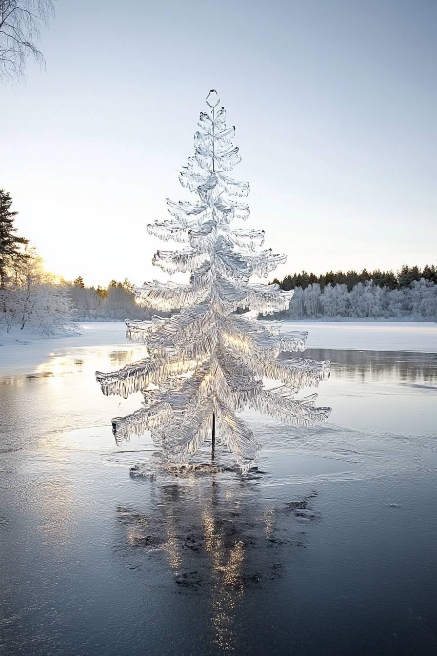 Retro-styled holiday interior. Aluminum tree beside frozen lake through wide-angle view.