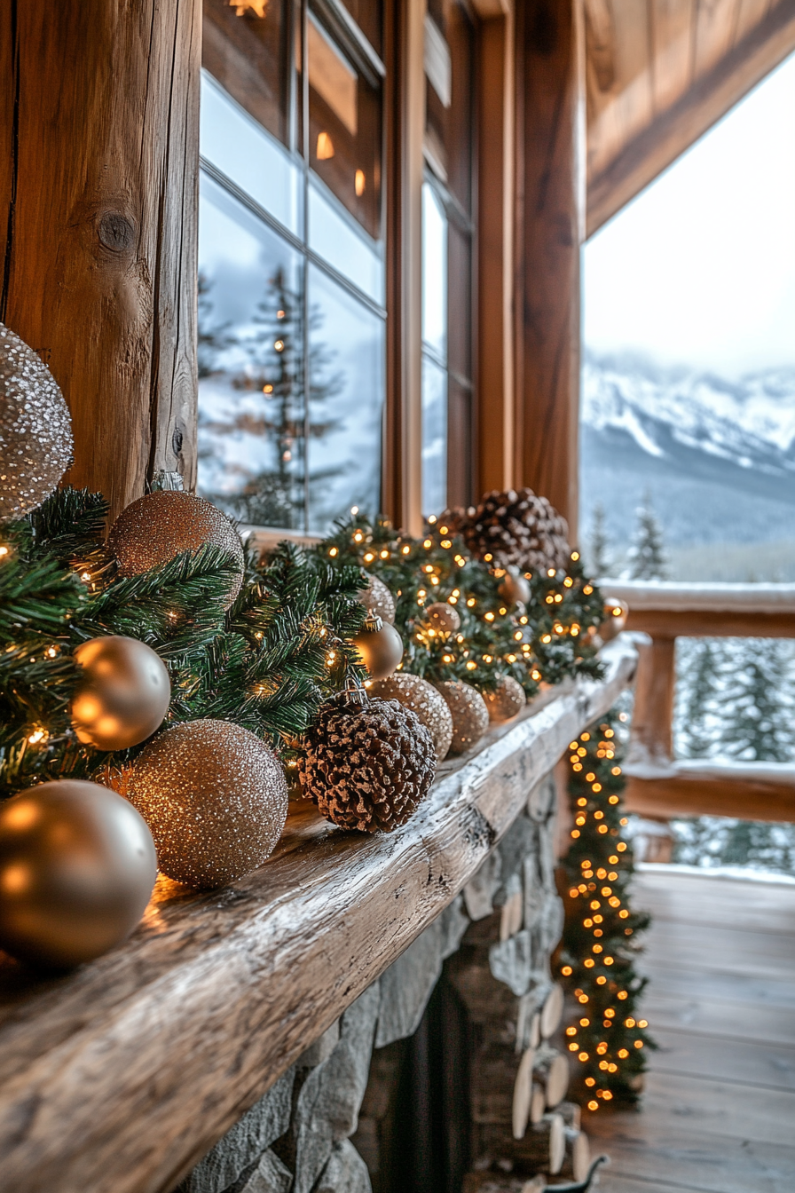 Wide-angle view. Farmhouse-style space, pine garlands, wooden ornaments, snowy mountain overlook.