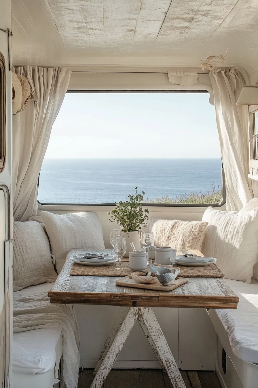 Van dining area. Fold-out wooden table, quintessential shell decor, distressed white seating facing pristine ocean view.