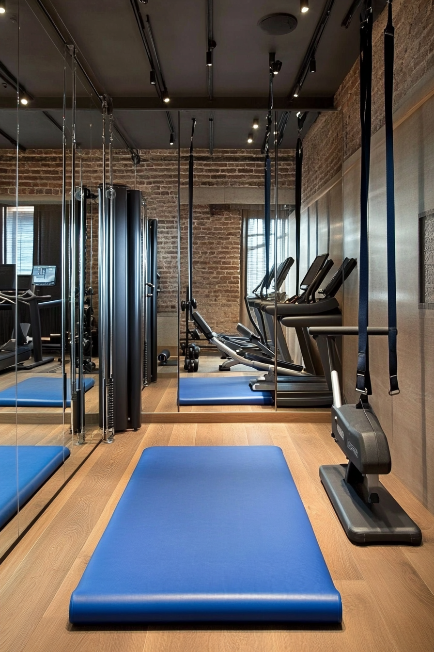 Contemporary tiny gym. Mirror wall, blue yoga mat, hanging resistance bands, compact treadmills.