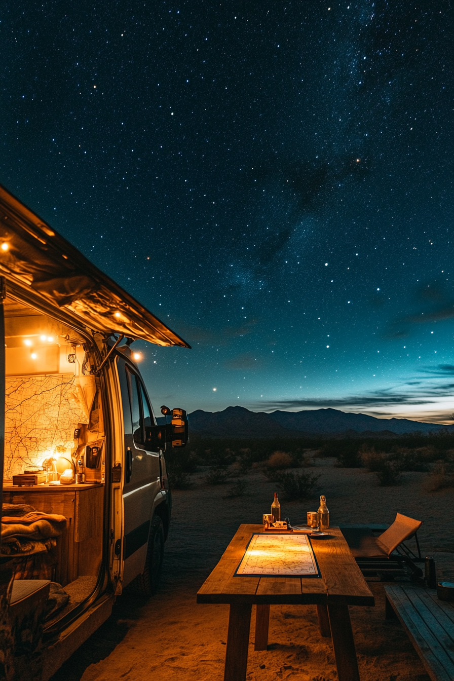 Van rooftop view. Telescope mount, star map table, desert under starry night, loungers nearby.